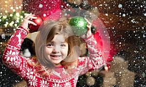 Christmas childs in snow. Happy childhood. Adorable child play at home. Dreamy baby toddler on christmas eve. Believe in