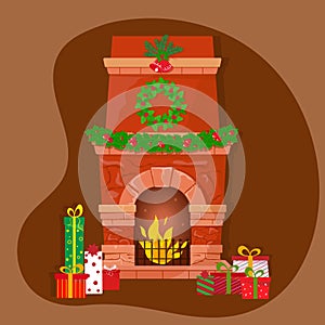 Christmas chimenea illustration with socks and wreath. Cute winter seasonal card with bonfire. Stock vector brochure photo