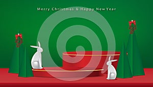 Christmas and Chinese New Year background with 3d podium,rabbits,Christmas trees paper cut on green background,X mas pine fir lush