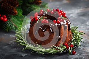 Christmas, New Year, Xmas or Noel chocolate bundt cake with glaze decorated with fresh berries and rosemary