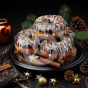 Christmas chocolate donuts with a cup of coffee