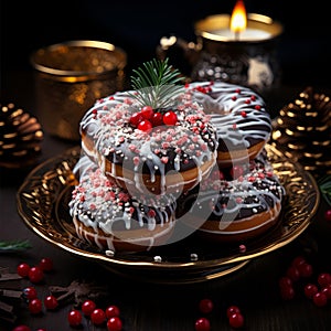 Christmas chocolate donuts with a cup of coffee