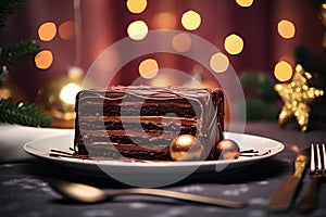 Christmas Cholate cake with bokeh background, AI generated