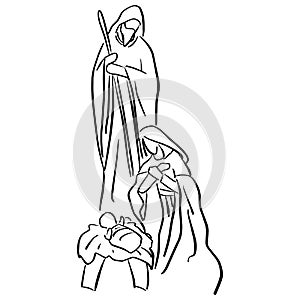 Christmas Christian Nativity Scene of baby Jesus in manger with Mary and Joseph vector illustration sketch doodle hand drawn with