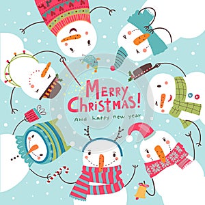 Christmas Christmas card. Round dance of snowmen photo