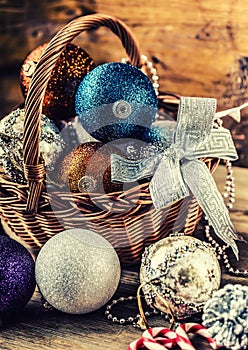 Christmas. Christmas decoration. Christmas balls, stars, jingle bells xmas ornaments.