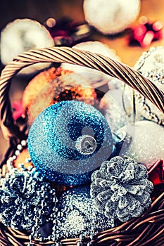 Christmas. Christmas decoration. Christmas balls, stars, jingle bells xmas ornaments.