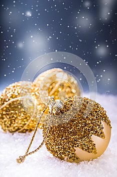 Christmas. Christmas Time. Luxury Christmas ball in the snow and snowy abstract scenes