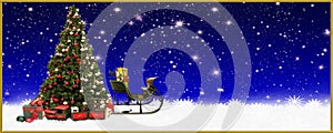 Christmas: Christmas tree and Santa`s sleigh, banner, background