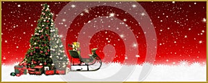 Christmas: Christmas tree and Santa`s sleigh, banner, background