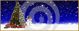 Christmas: Christmas tree and snowman, banner, background