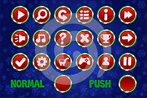 Christmas circle Buttons for Web and 2D Games UI. Normal and Push button.