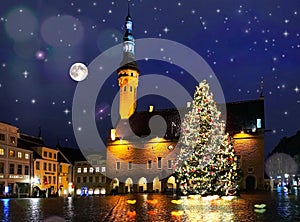 Christmas in the city  holiday New year  evening light  and snowflakes fall  in Tallinn old town square Christmas tree decoration