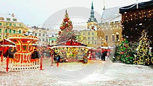 Christmas in the city  holiday new year in Tallinn old town square Christmas tree decoration light market place Estonia