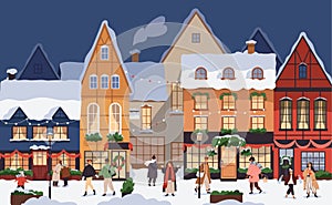 Christmas city lifestyle. People walking on street of European old town at Xmas eve, preparing for winter holiday. Cozy