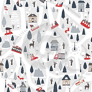 Christmas city map. Nursery Vector seamless pattern with roads, houses, forest, cars, animals. Limited pastel palette with red
