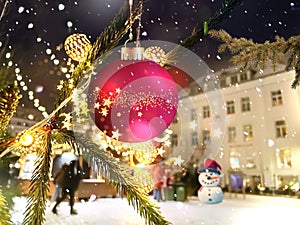 Christmas city, street  decoration ,festive in Tallinn Old town marketplace .Lantern and decoration lighr candle , pine tree branc