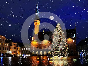 Christmas city Tallinn old town square panorama  ,snowflakes fall, Beautiful Christmas marketplace In night sky , tree light  , ne