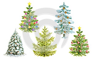 Christmas clipart consisting of watercolor fir trees isolated on white background. Hand drawn winter spruce set for New Year