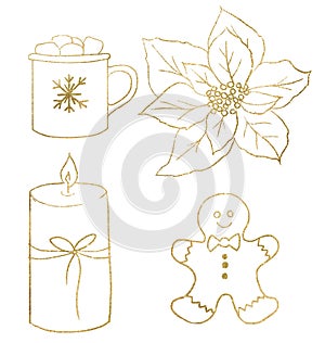 Christmas clipart with Poinsettia flower, candle, mug and Cookie illustration, golden outlines