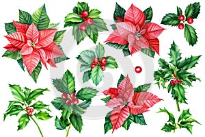 Christmas clipart watercolor, poinsettia flowers, holly branches, decorative elements.