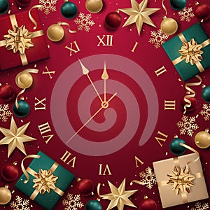 Christmas clock framed with realistic baubles, snowflakes, gifts and serpentine.