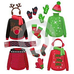Christmas clothes. Winter ugly sweaters hats gloves scarves pullover with textile decoration vector pictures