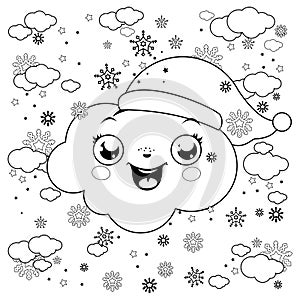 Christmas clouds snowing. Vector black and white coloring page