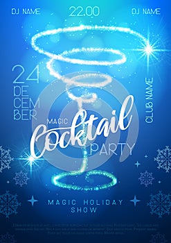 Christmas cocktail party poster with glowing shiny trail like cosmopolitan cocktail.