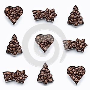 Christmas coffee bean pattern, coffee beans are filled into cookie cutter, christmas tree shape, heart shape and shooting star