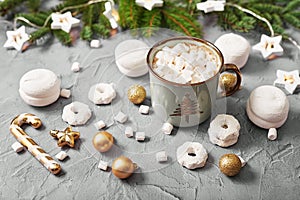 Christmas coffee cup with marshmallows. Sweets and cookies Xmas background. Merry christmas and new year flat lay. Winter