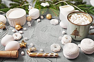 Christmas coffee cup with marshmallows. Sweets and cookies Xmas background. Merry christmas and new year flat lay. Winter