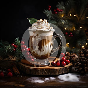 A Christmas coffee drink in a glass cup with holiday decoration