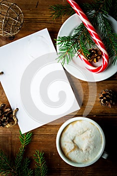 Christmas coffee latte or cappuccino with a notebook