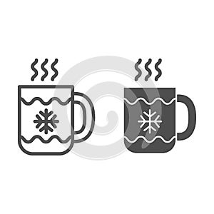 Christmas coffee mug line and glyph icon. Tea cup with snowflake vector illustration isolated on white. Hot tea cup