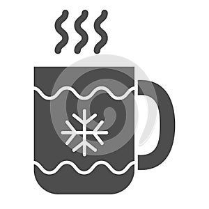 Christmas coffee mug solid icon. Tea cup with snowflake vector illustration isolated on white. Hot tea cup glyph style