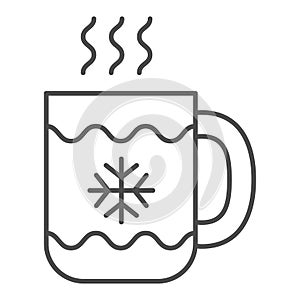 Christmas coffee mug thin line icon. Tea cup with snowflake vector illustration isolated on white. Hot tea cup outline