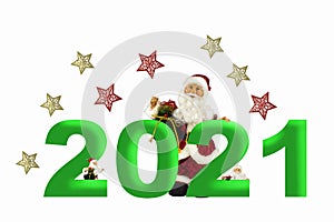 Christmas collage, 2021 and Santa Claus figurines with stars on a white background