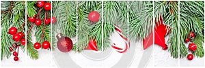 Christmas collage background. Composition set with green Xmas fir branch, red holly berries and baubles on white background