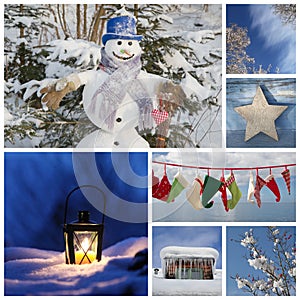 Christmas collage in blue - ideas for decoration or a greeting c