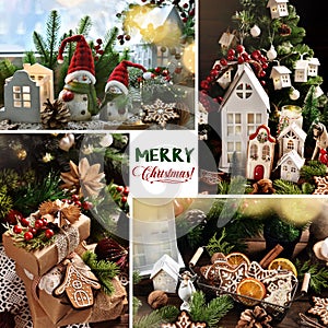 Christmas collage with cozy home arrangements
