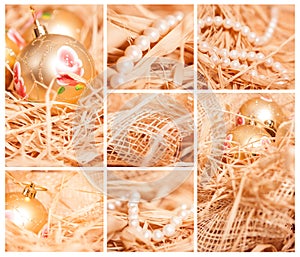 Christmas collage of different backgrounds with strow in gold