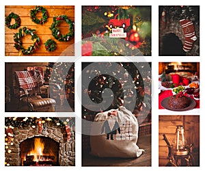 Christmas collage with eight photos. Fireplace, toys, socks, lamp