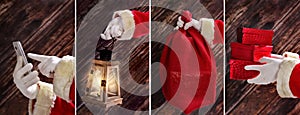 Christmas collage with Santa Claus bringing gifts in 4 steps