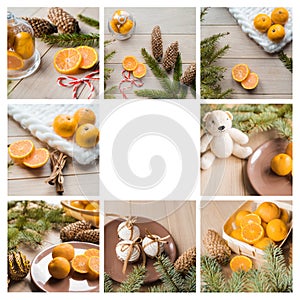 Christmas collage with tangerines, gingerbread, spruce tree branch. Place for your writing on a white background