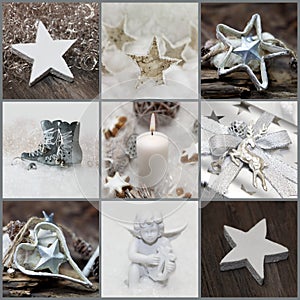 Christmas collage with white, silver and grey decoration