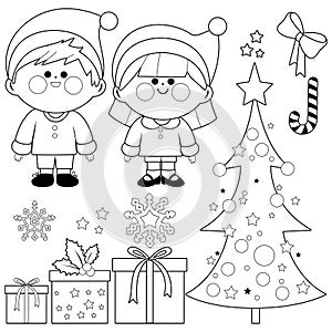 Christmas collection with children in Christmas Santa Claus costumes. Vector black and white coloring page