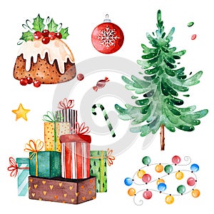 Christmas collection with Christmas tree,candy,garland,gifts and other decorations