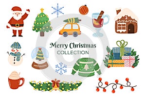 Christmas collection of different elements such a Santa Claus, decorated tree, garland with bell, snowglobe, snowman and