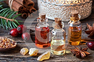 Christmas collection of essential oils with frankincense, myrrh